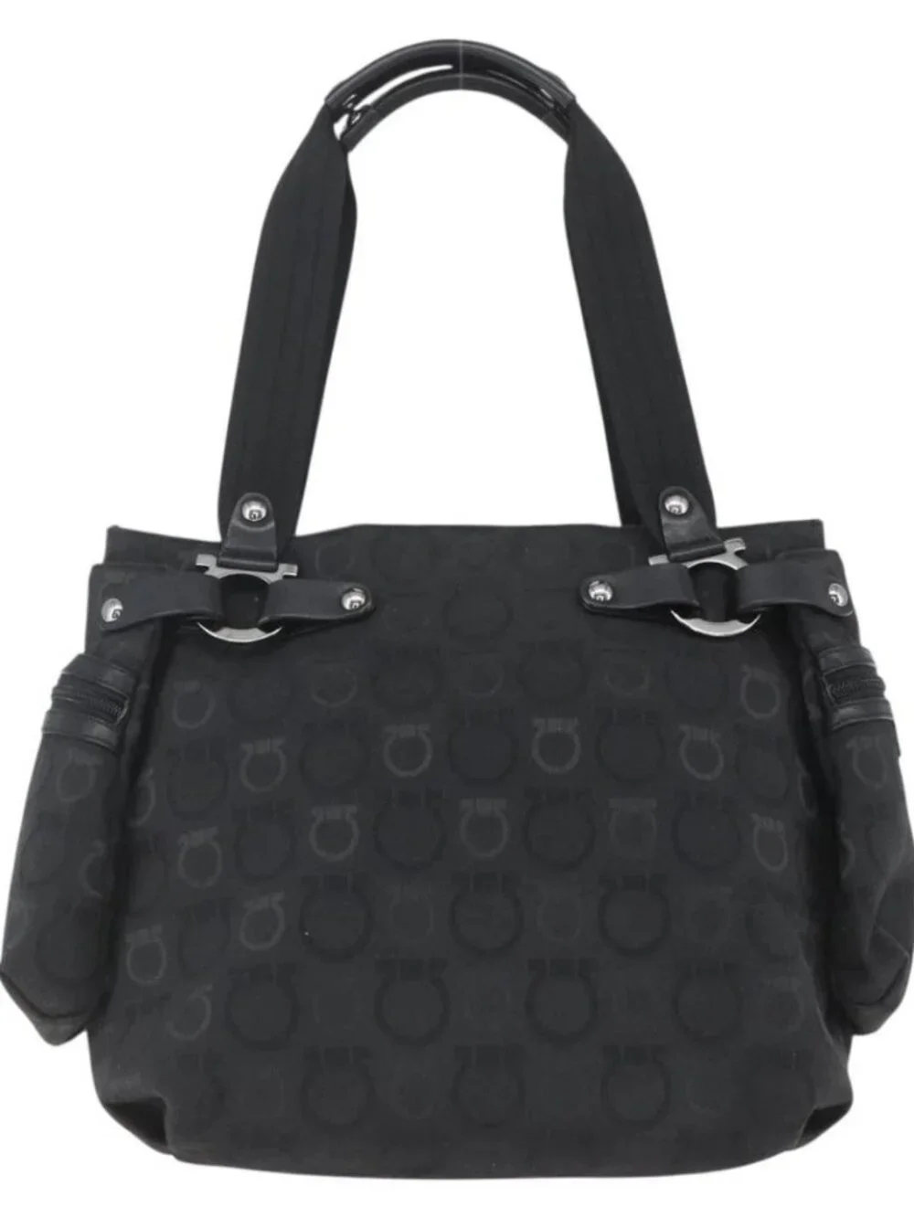 Salvatore Ferragamo Gancini Tote Bag Nylon Black Silver Auth BA9401